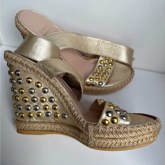 Stuart Weitzman‎ Gold Metallic Studded Espadrille Wedge Sandals 7M - Picture 15 of 15